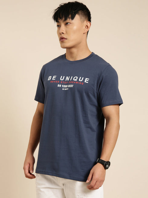 Navy Blue Printed Crew Neck T-shirt